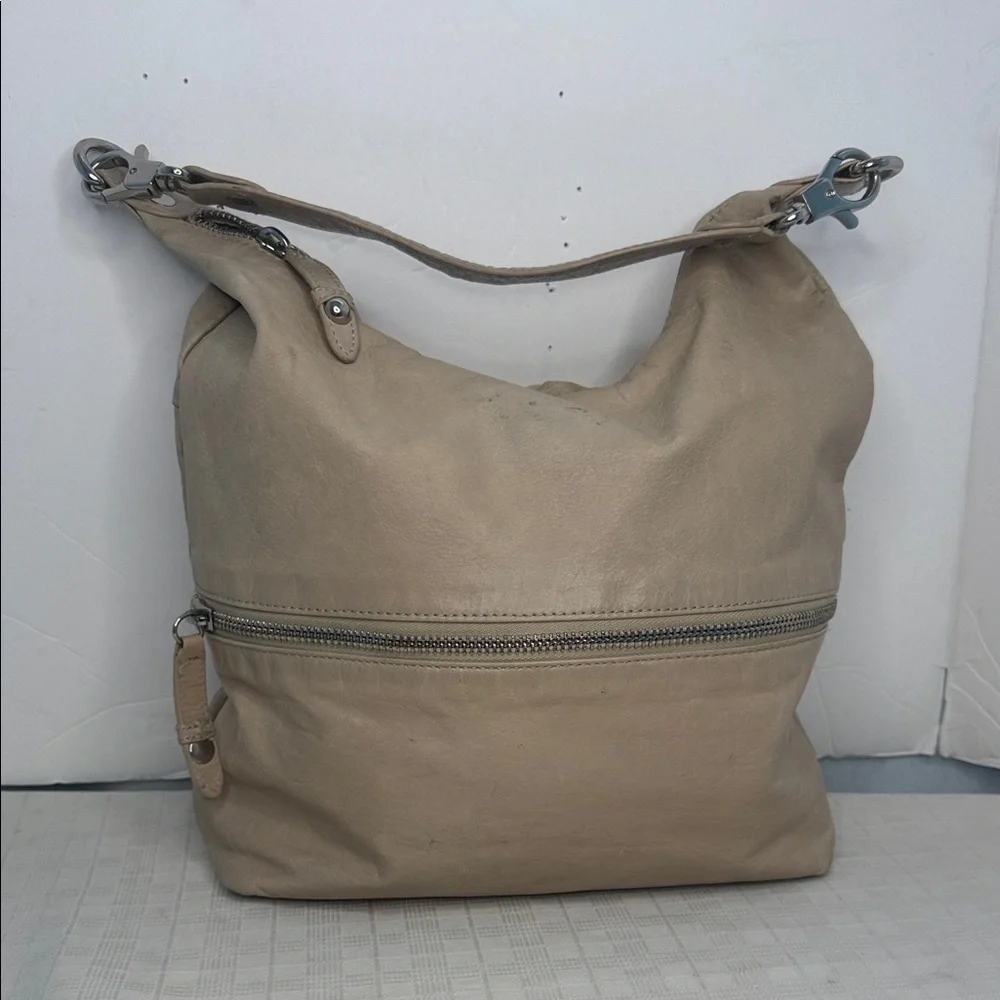 HOBO Taupe Pebble Leather Slouch Shoulder Bag Front Zip Pocket